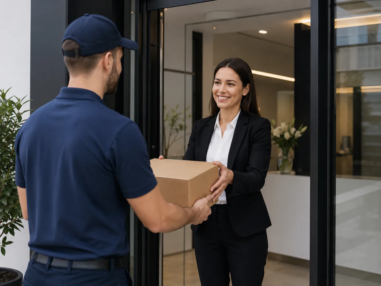 Courier in a navy uniform handing a package to a smiling office professional at her front desk