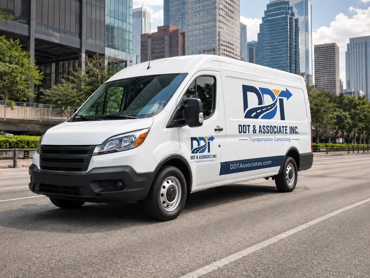 White DDT & Associate Inc. branded cargo van driving through a downtown city street
