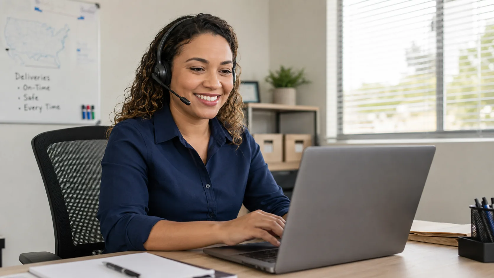 Friendly dispatcher with a headset smiling while coordinating deliveries on a laptop in a bright office